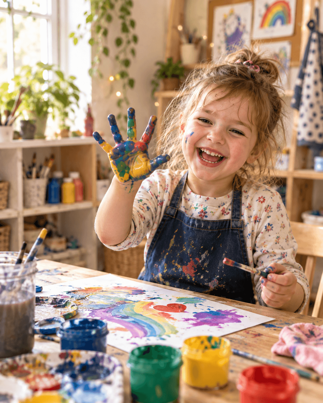 A laughing child holding up a hand covered in bright paint