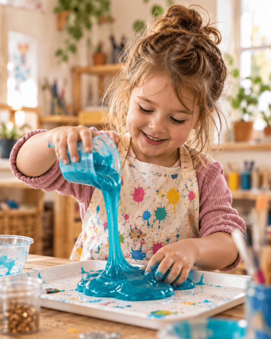A child pouring blue slime into a tray